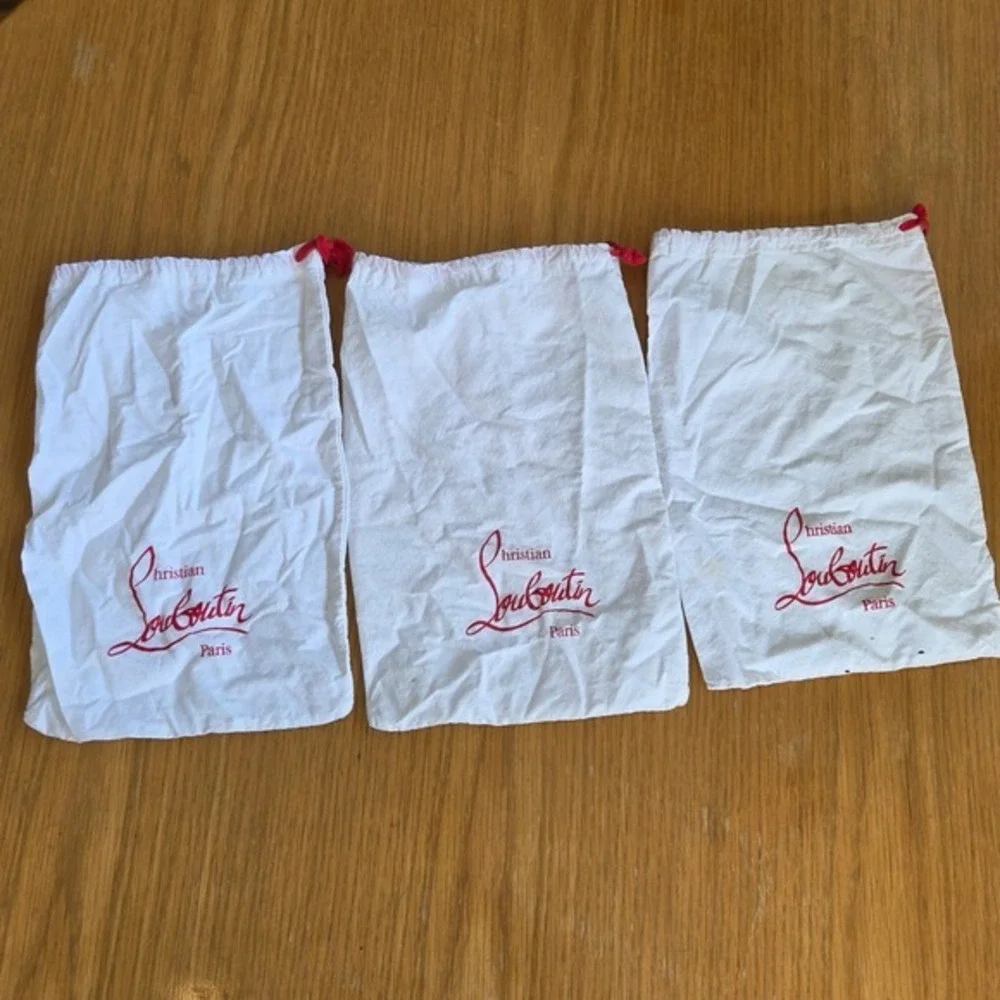 Christian Louboutin Set of 3 White Cotton Shoe Dust Bags‎ Red Logo Drawstring